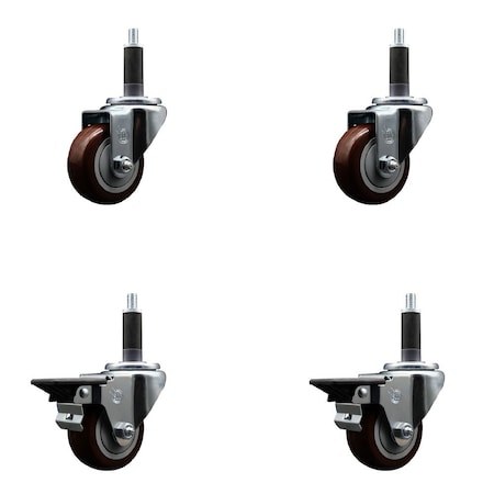 Service Caster 3'' Maroon Poly Wheel Swivel 1'' Expanding Stem Caster Set 2 Brakes, 4PK SCC-EX20S314-PPUB-MRN-2-PLB-2-1